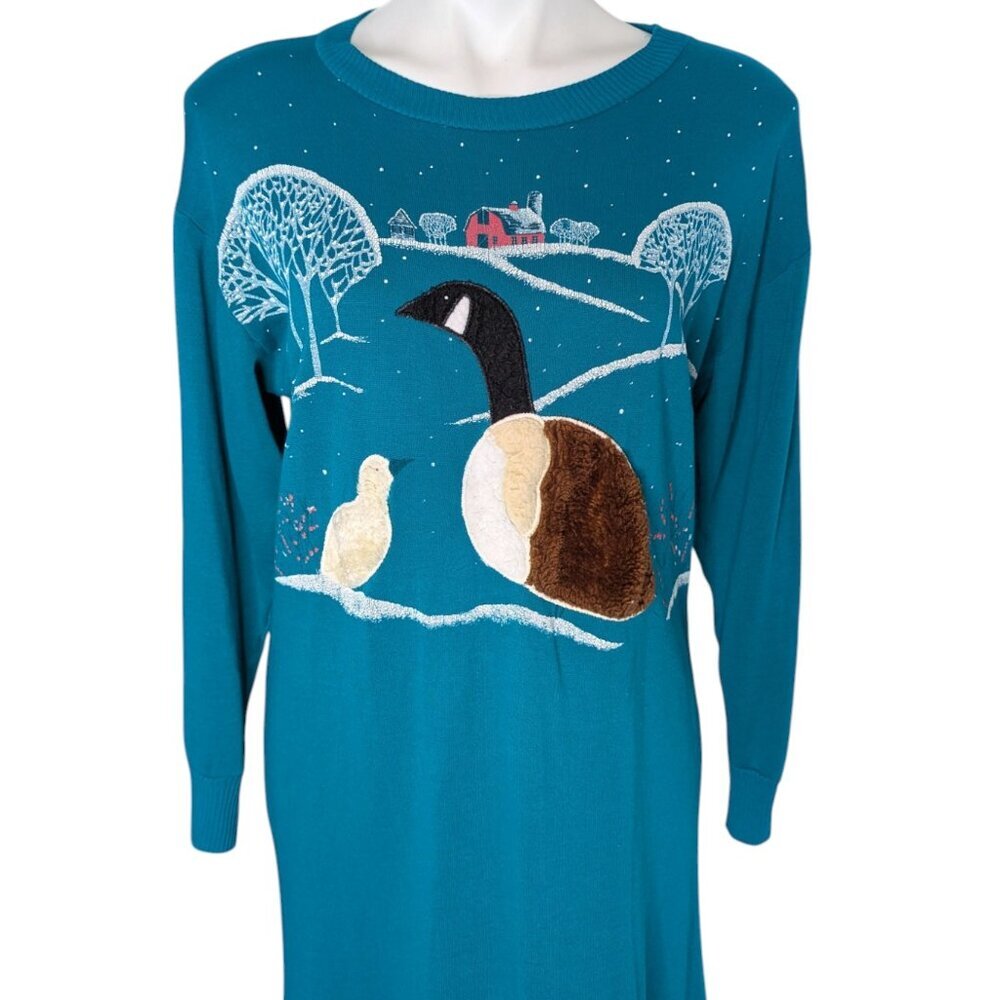 VTG Goose and Gosling Winter Cottage Farm Novelty 3D Textured Teal Nightgown